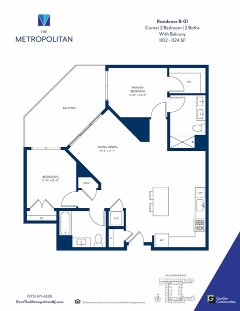 Floor plan for 2 beds, 2 baths, 1130 sqft